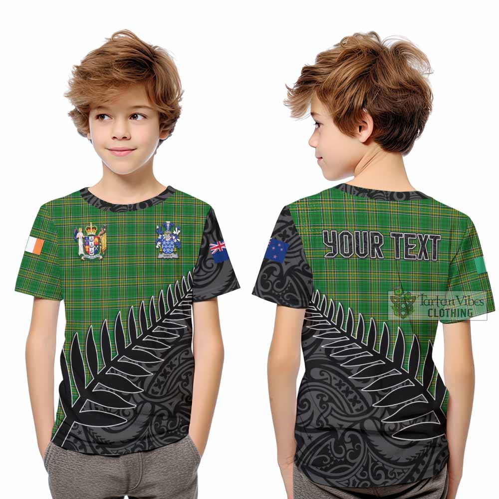 Tartan Vibes Clothing Darcy Irish Clan Tartan Kid T-Shirt with Coat of Arms New Zealand Silver Fern Half Style