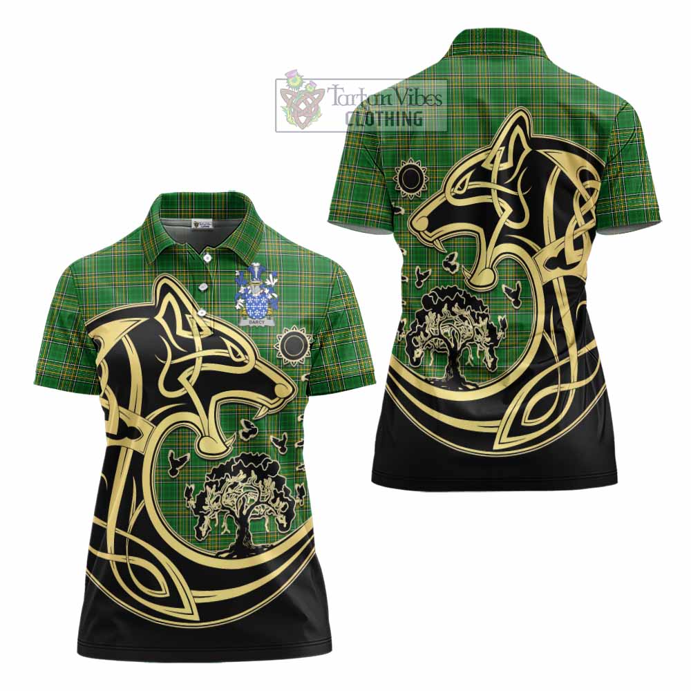 Tartan Vibes Clothing Darcy Irish Tartan Women's Polo Shirt with Coat of Arms Celtic Wolf Style