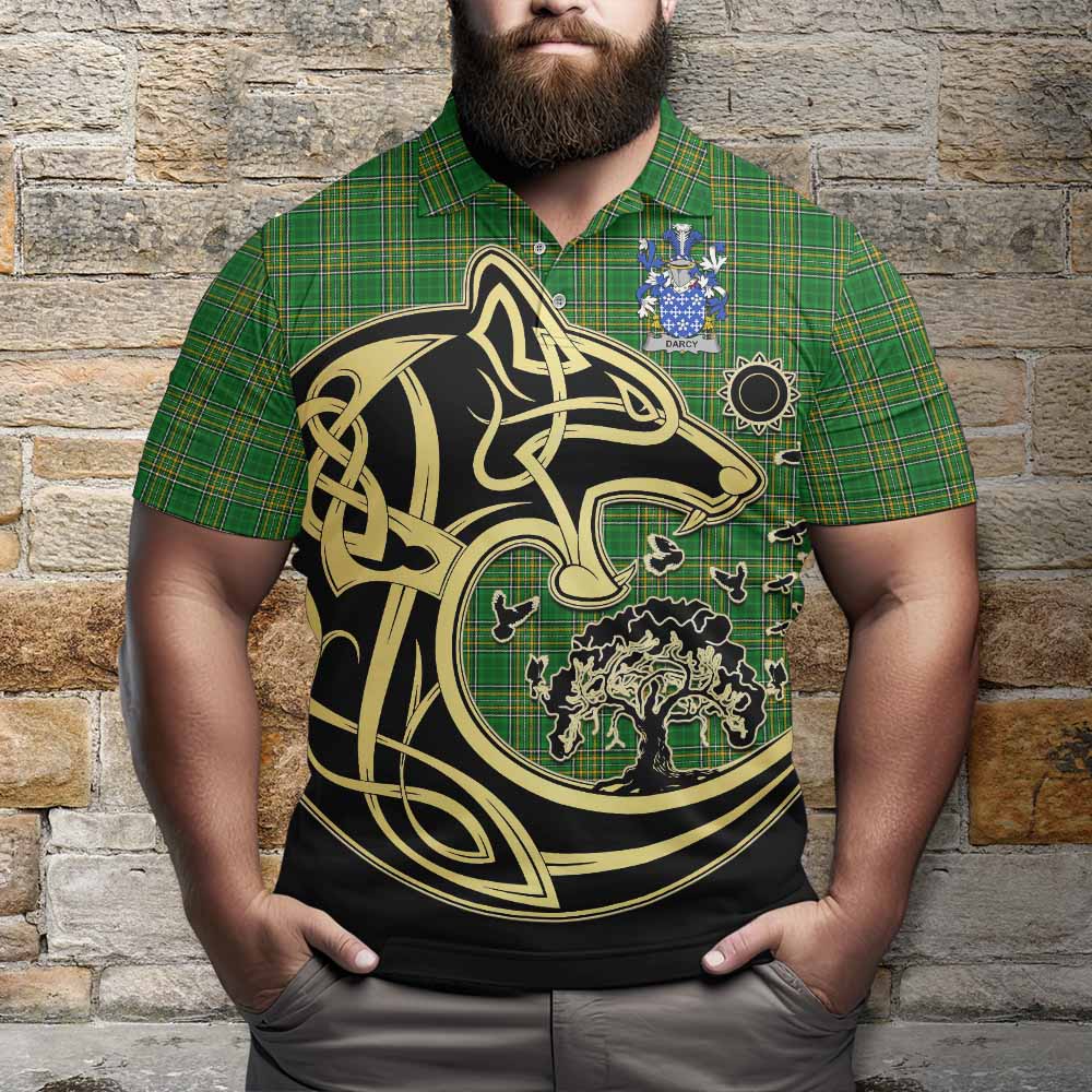 Tartan Vibes Clothing Darcy Irish Tartan Polo Shirt with Coat of Arms Celtic Wolf Style