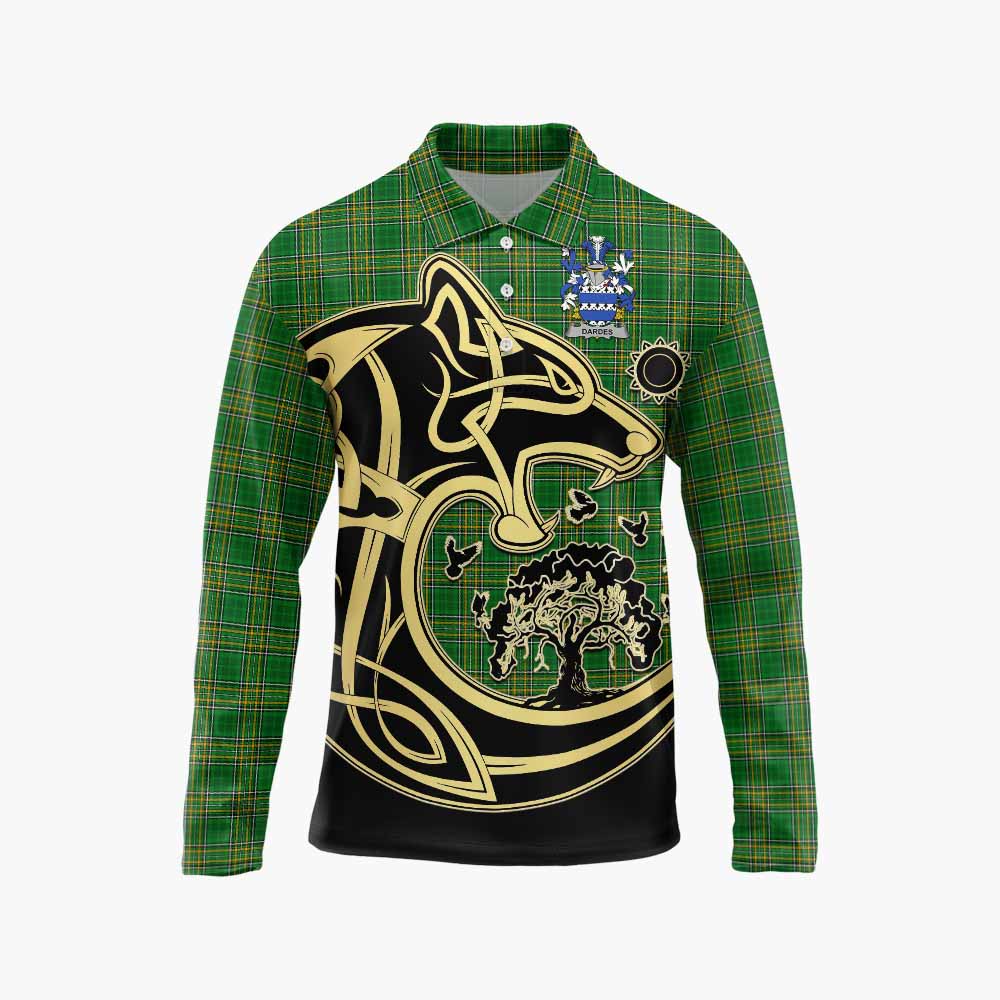 Tartan Vibes Clothing Dardes Irish Tartan Long Sleeve Polo Shirt with Coat of Arms Celtic Wolf Style