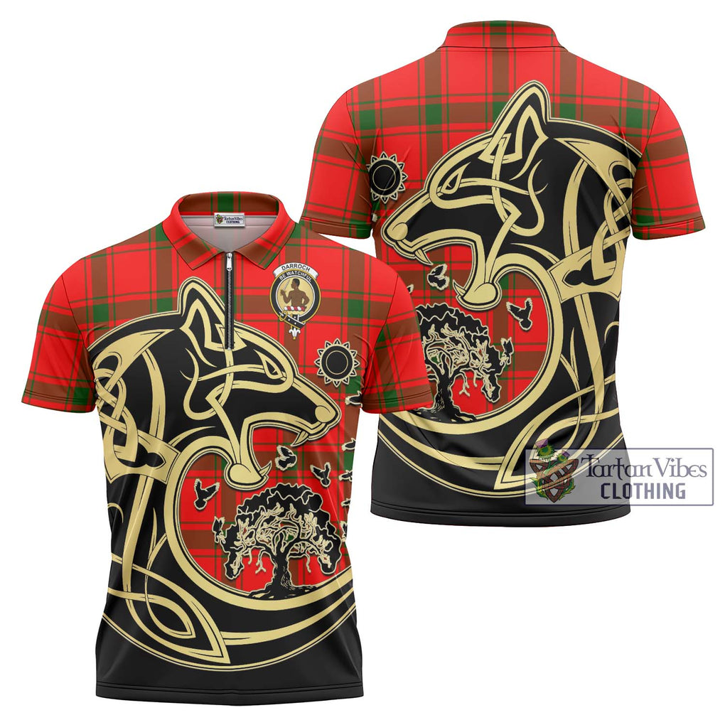 Darroch Tartan Zipper Polo Shirt with Family Crest Celtic Wolf Style Unisex - Tartanvibesclothing Shop