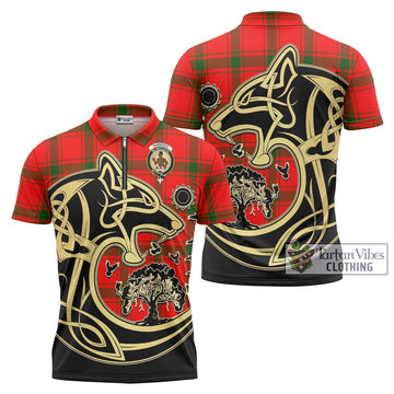 Darroch Tartan Zipper Polo Shirt with Family Crest Celtic Wolf Style