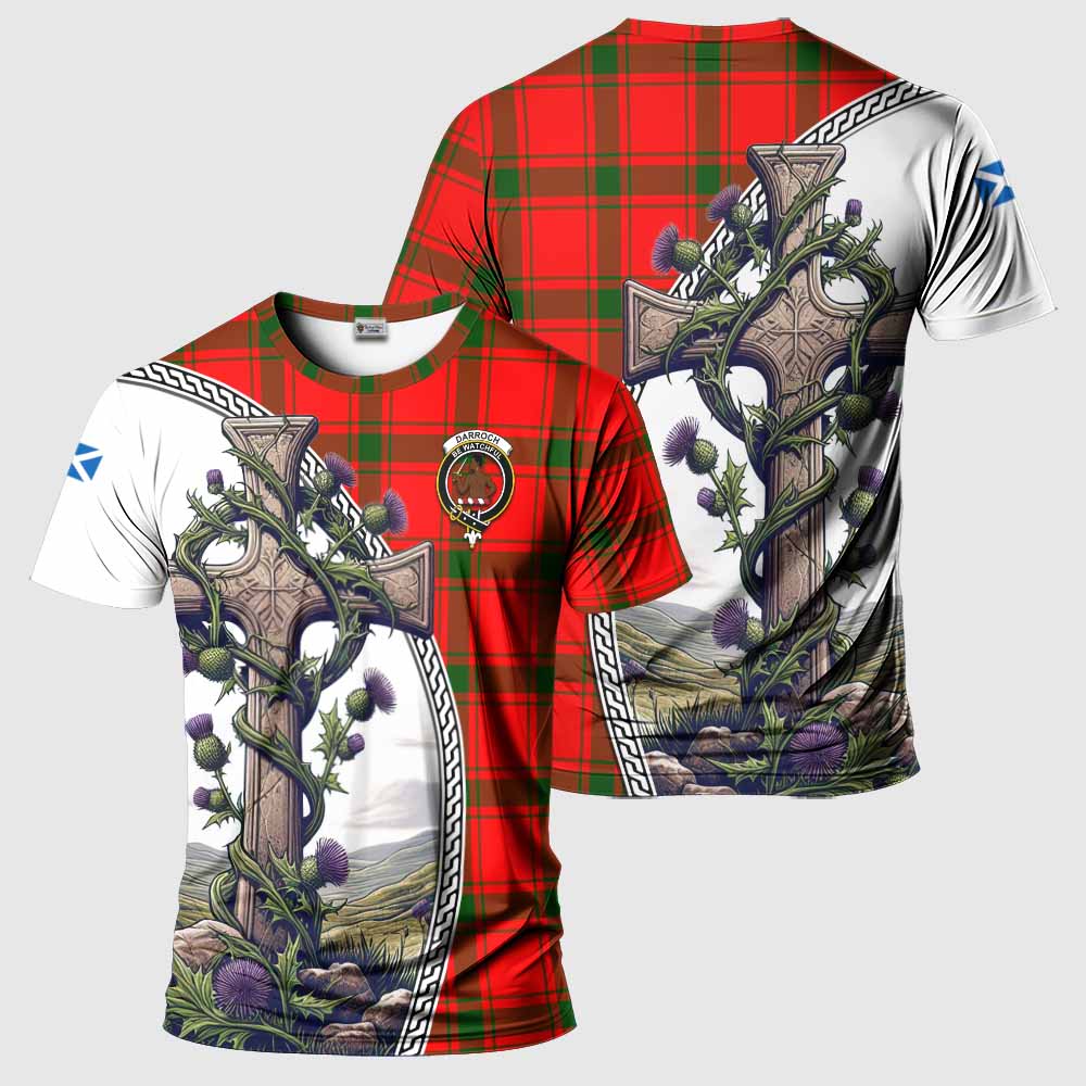 Tartan Vibes Clothing Darroch Agnew Tartan T-Shirt with Family Crest and St. Andrew's Cross Accented by Thistle Vines