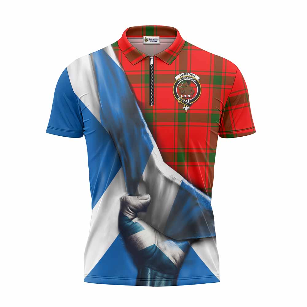 Tartan Vibes Clothing Darroch Tartan Zipper Polo Shirt with Family Crest Scotland Patriotic Style