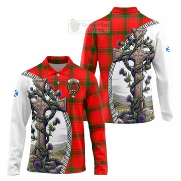 Darroch Tartan Long Sleeve Polo Shirt with Family Crest and St. Andrew's Cross Accented by Thistle Vines Unisex - Tartan Vibes Clothing