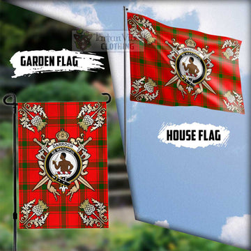 Darroch Tartan Flag with Family Crest and Golden Thistle Crossed Sword Design