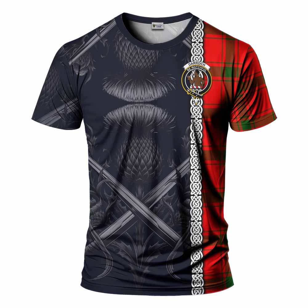 Tartan Vibes Clothing Darroch Tartan T-Shirt with Family Crest Cross Sword Thistle Celtic Vibes