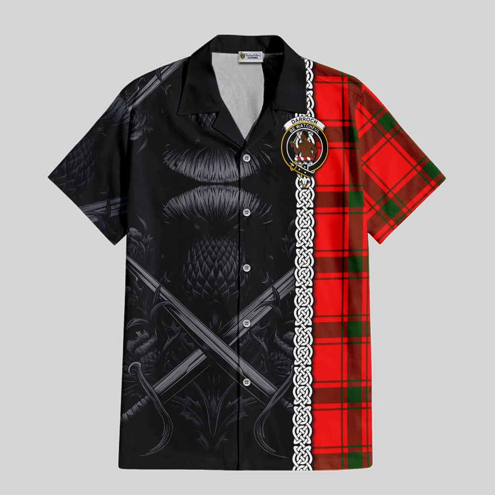 Tartan Vibes Clothing Darroch Tartan Short Sleeve Button Shirt with Family Crest Cross Sword Thistle Celtic Vibes