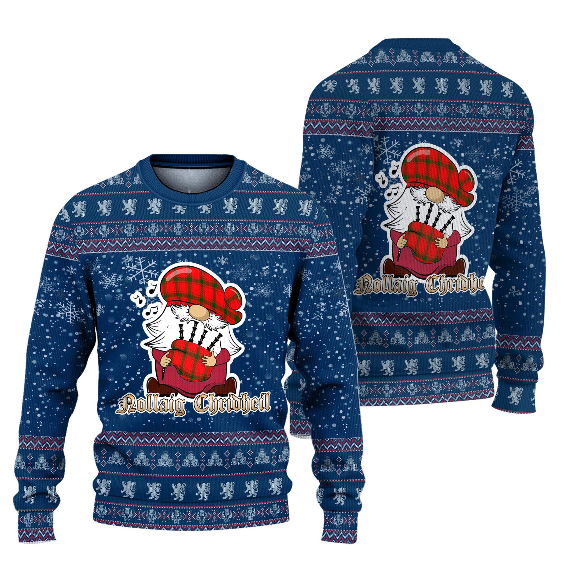 Darroch Clan Christmas Family Knitted Sweater with Funny Gnome Playing Bagpipes Unisex Blue - Tartanvibesclothing