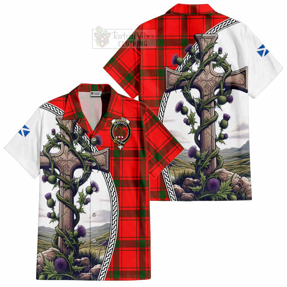 Tartan Vibes Clothing Darroch Tartan Short Sleeve Button Shirt with Family Crest and St. Andrew's Cross Accented by Thistle Vines