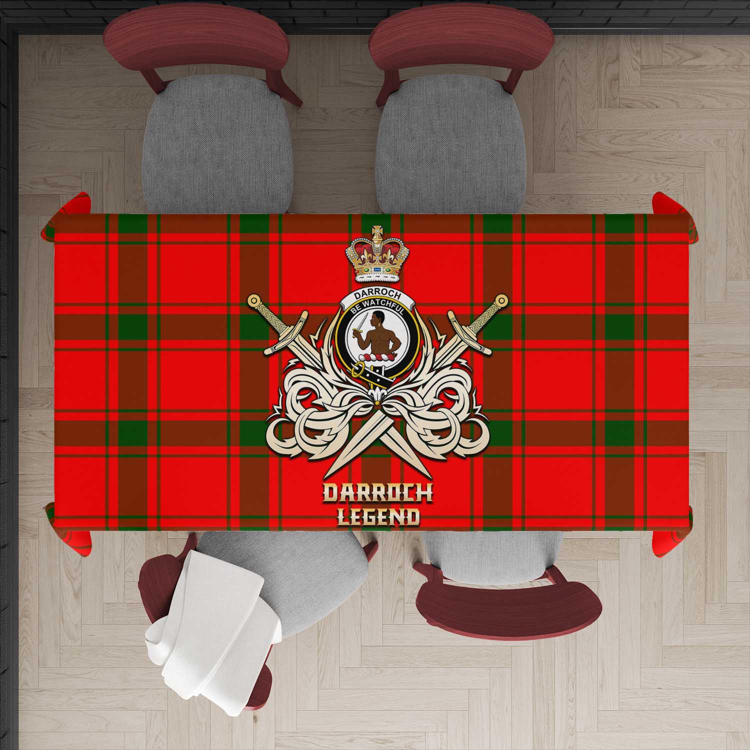 Tartan Vibes Clothing Darroch Tartan Tablecloth with Clan Crest and the Golden Sword of Courageous Legacy