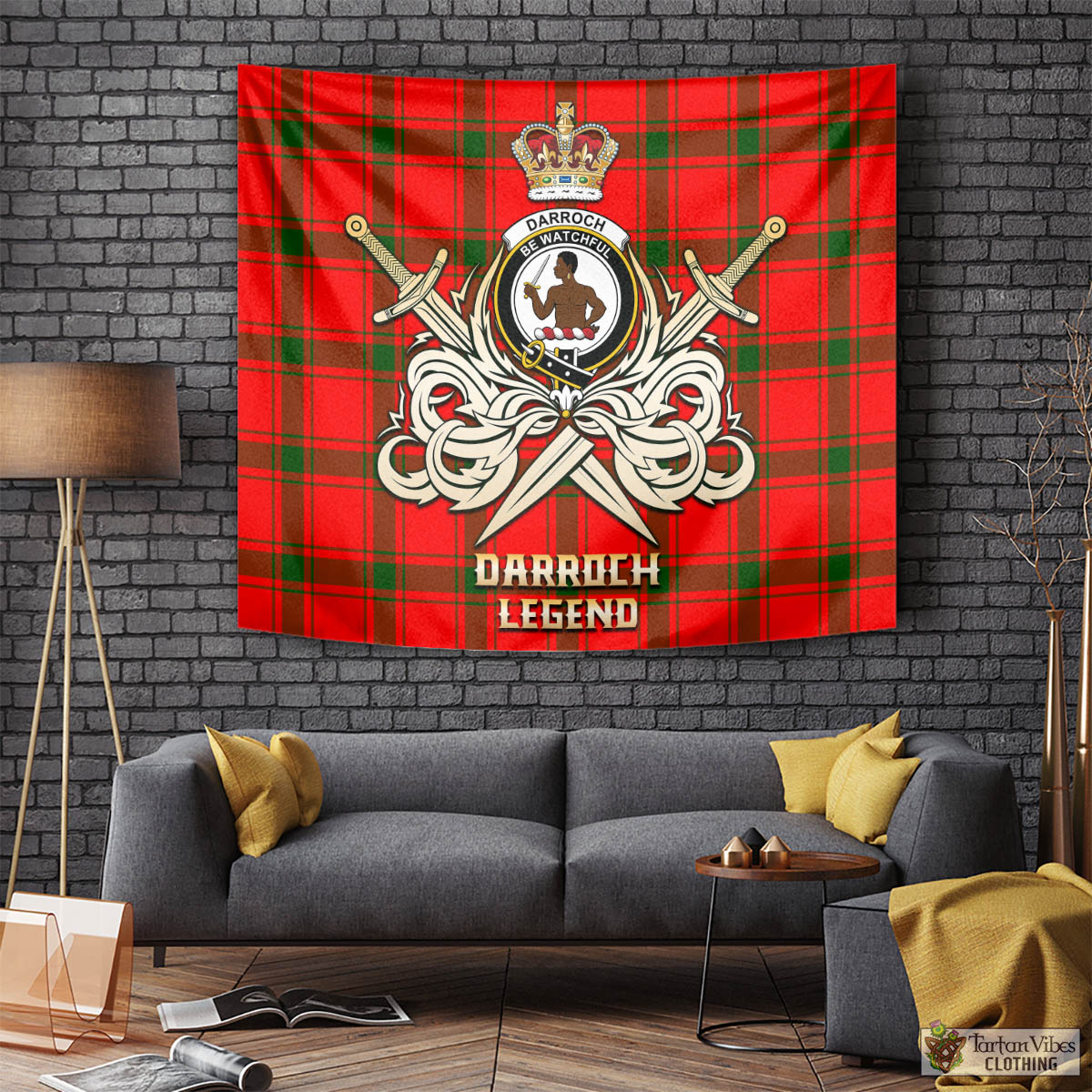 Tartan Vibes Clothing Darroch Tartan Tapestry with Clan Crest and the Golden Sword of Courageous Legacy