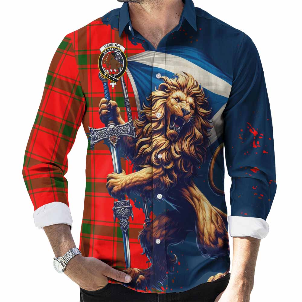 Tartan Vibes Clothing Darroch Tartan Family Crest Long Sleeve Button Shirt with Scottish Majestic Lion