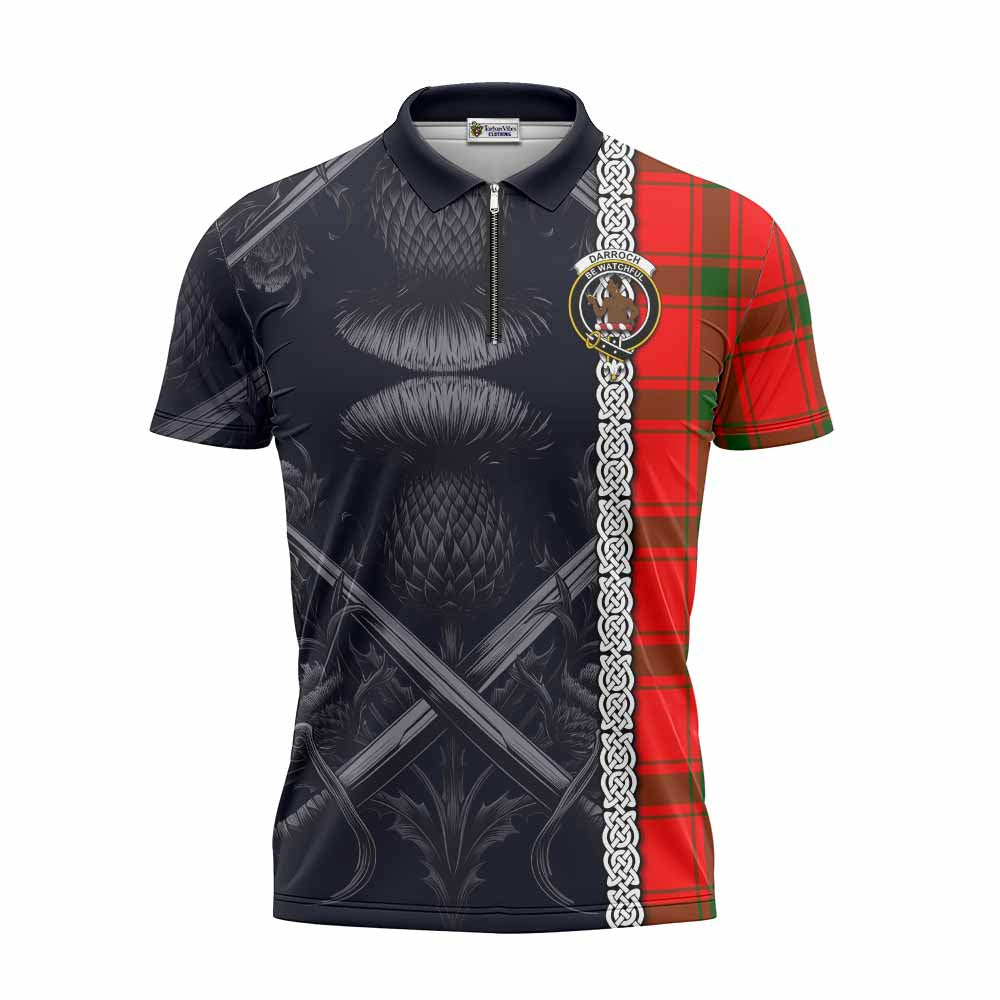 Tartan Vibes Clothing Darroch Tartan Zipper Polo Shirt with Family Crest Cross Sword Thistle Celtic Vibes