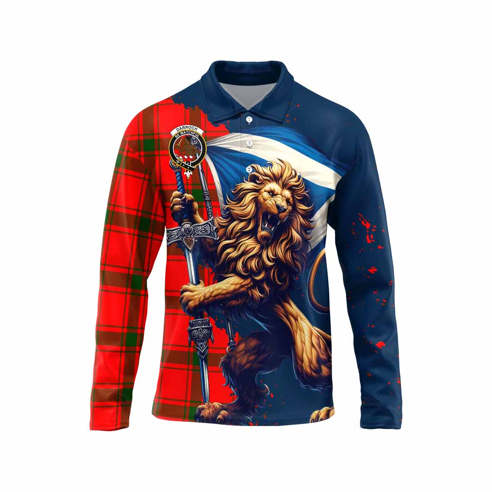 Tartan Vibes Clothing Darroch Tartan Family Crest Long Sleeve Polo Shirt with Scottish Majestic Lion