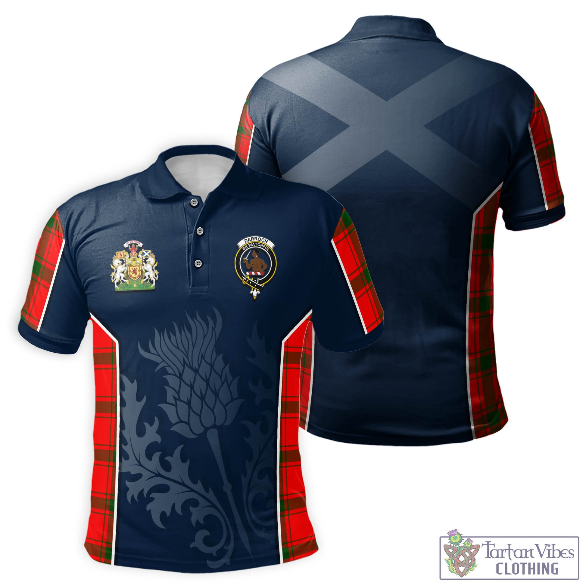 Tartan Vibes Clothing Darroch Tartan Men's Polo Shirt with Family Crest and Scottish Thistle Vibes Sport Style