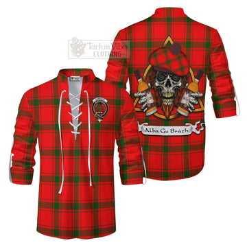 Darroch Tartan Ghillie Kilt Shirt with Family Crest and Bearded Skull Holding Bottles of Whiskey