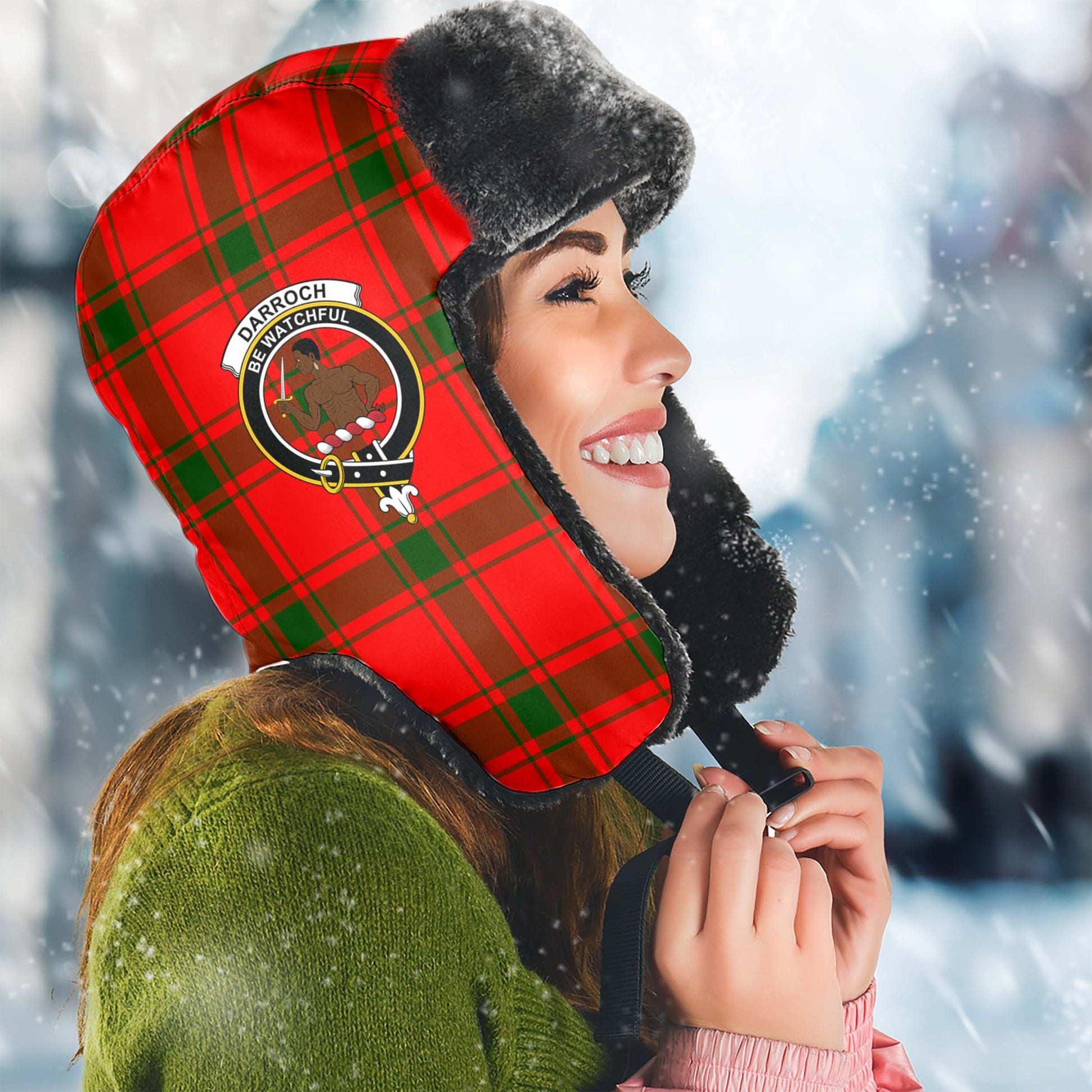 Darroch Tartan Winter Trapper Hat with Family Crest Winter Trapper Hat Universal Fit Circumference 22.8in (58cm) - Tartanvibesclothing