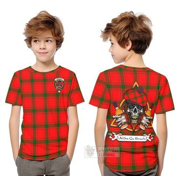 Darroch Tartan Kid T-Shirt with Family Crest and Bearded Skull Holding Bottles of Whiskey