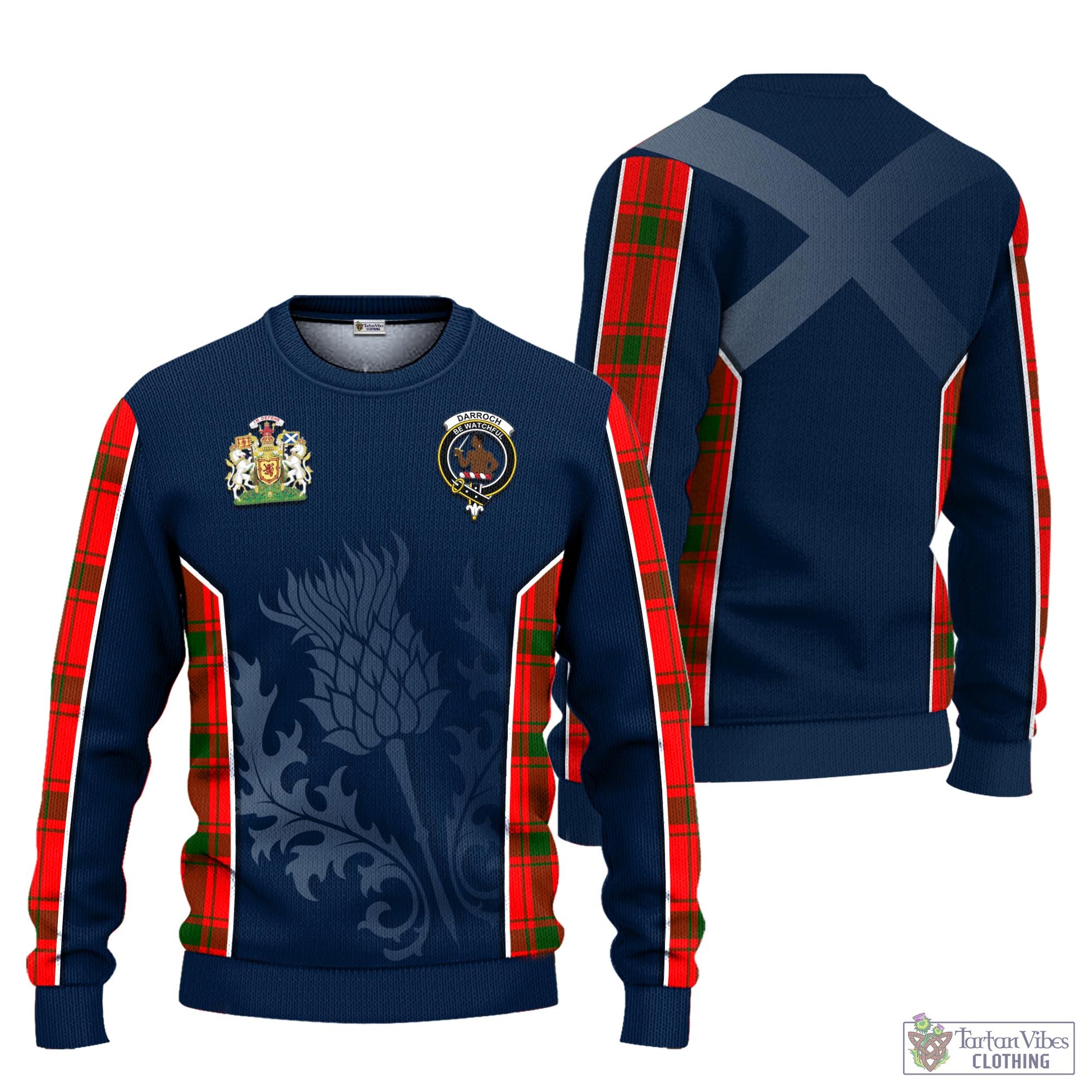 Tartan Vibes Clothing Darroch Tartan Knitted Sweatshirt with Family Crest and Scottish Thistle Vibes Sport Style