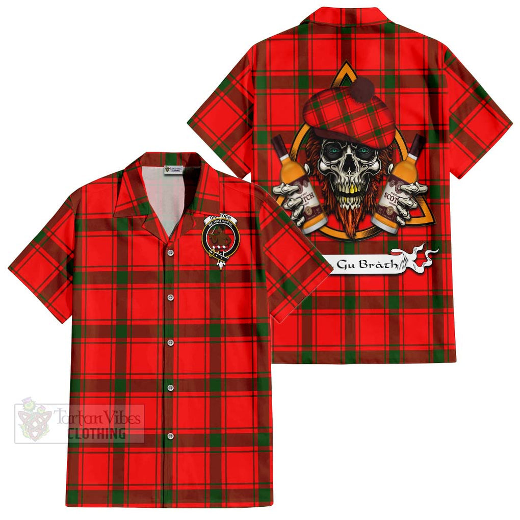 Tartan Vibes Clothing Darroch Tartan Short Sleeve Button Shirt with Family Crest and Bearded Skull Holding Bottles of Whiskey