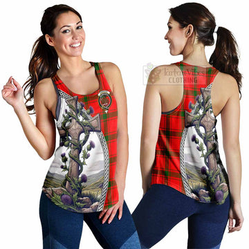 Darroch Tartan Women's Racerback Tanks with Family Crest and St. Andrew's Cross Accented by Thistle Vines