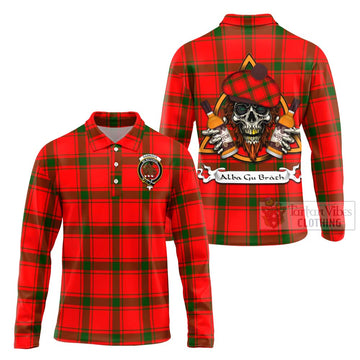 Darroch Tartan Long Sleeve Polo Shirt with Family Crest and Bearded Skull Holding Bottles of Whiskey Unisex - Tartan Vibes Clothing