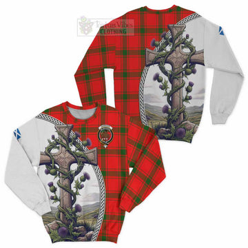 Darroch Tartan Sweatshirt with Family Crest and St. Andrew's Cross Accented by Thistle Vines