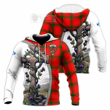 Darroch Tartan Knitted Hoodie with Family Crest and St. Andrew's Cross Accented by Thistle Vines