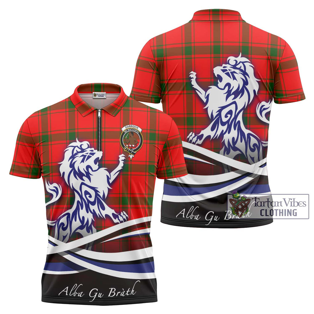 Darroch Tartan Zipper Polo Shirt with Alba Gu Brath Regal Lion Emblem Unisex - Tartanvibesclothing Shop