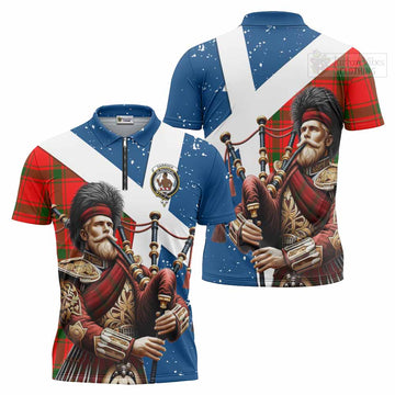 Darroch Tartan Zipper Polo Shirt with Family Crest Scottish Bagpiper Vibes