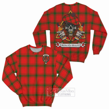 Darroch Tartan Sweatshirt with Family Crest and Bearded Skull Holding Bottles of Whiskey