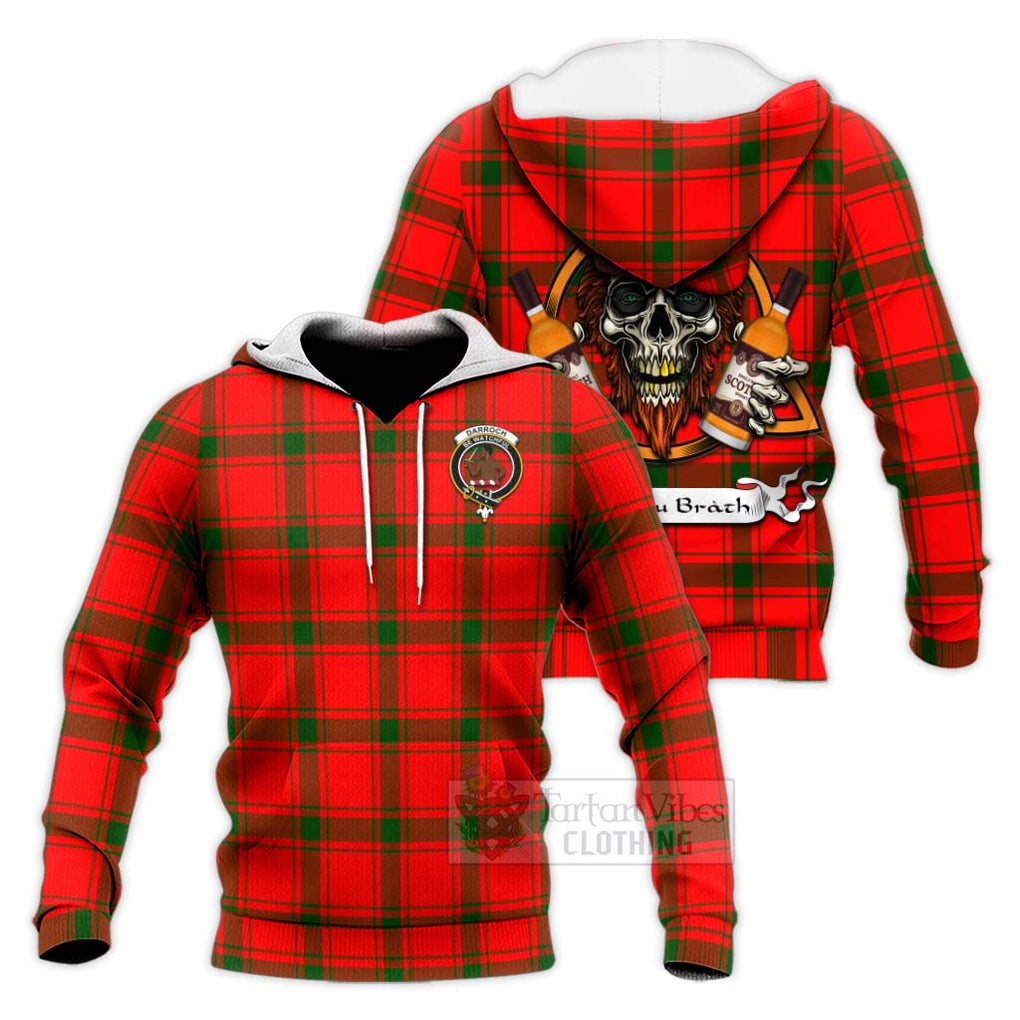 Tartan Vibes Clothing Darroch Tartan Knitted Hoodie with Family Crest and Bearded Skull Holding Bottles of Whiskey