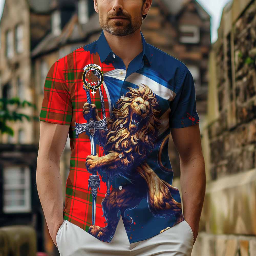 Tartan Vibes Clothing Darroch Tartan Family Crest Short Sleeve Button Shirt with Scottish Majestic Lion