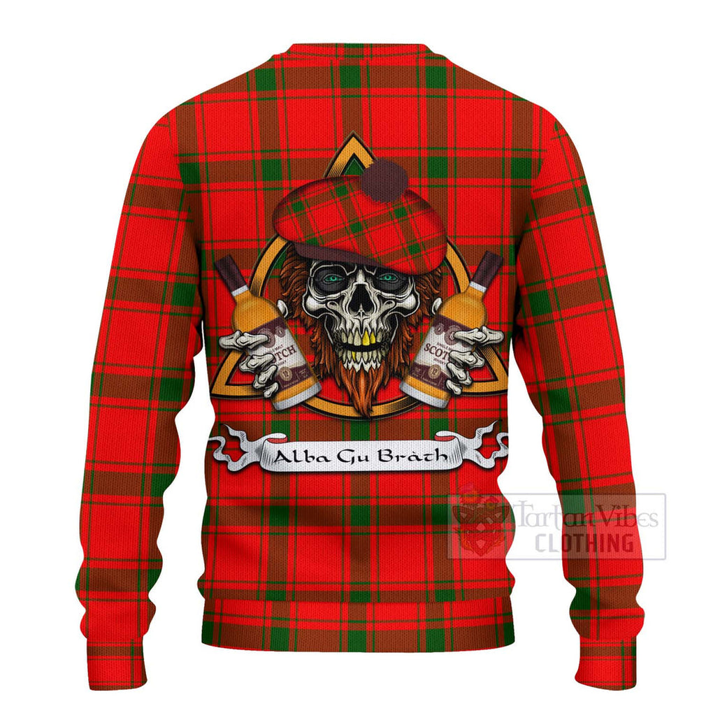 Tartan Vibes Clothing Darroch Tartan Knitted Sweater with Family Crest and Bearded Skull Holding Bottles of Whiskey