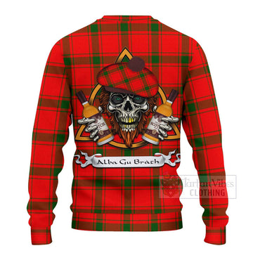 Darroch Tartan Ugly Sweater with Family Crest and Bearded Skull Holding Bottles of Whiskey