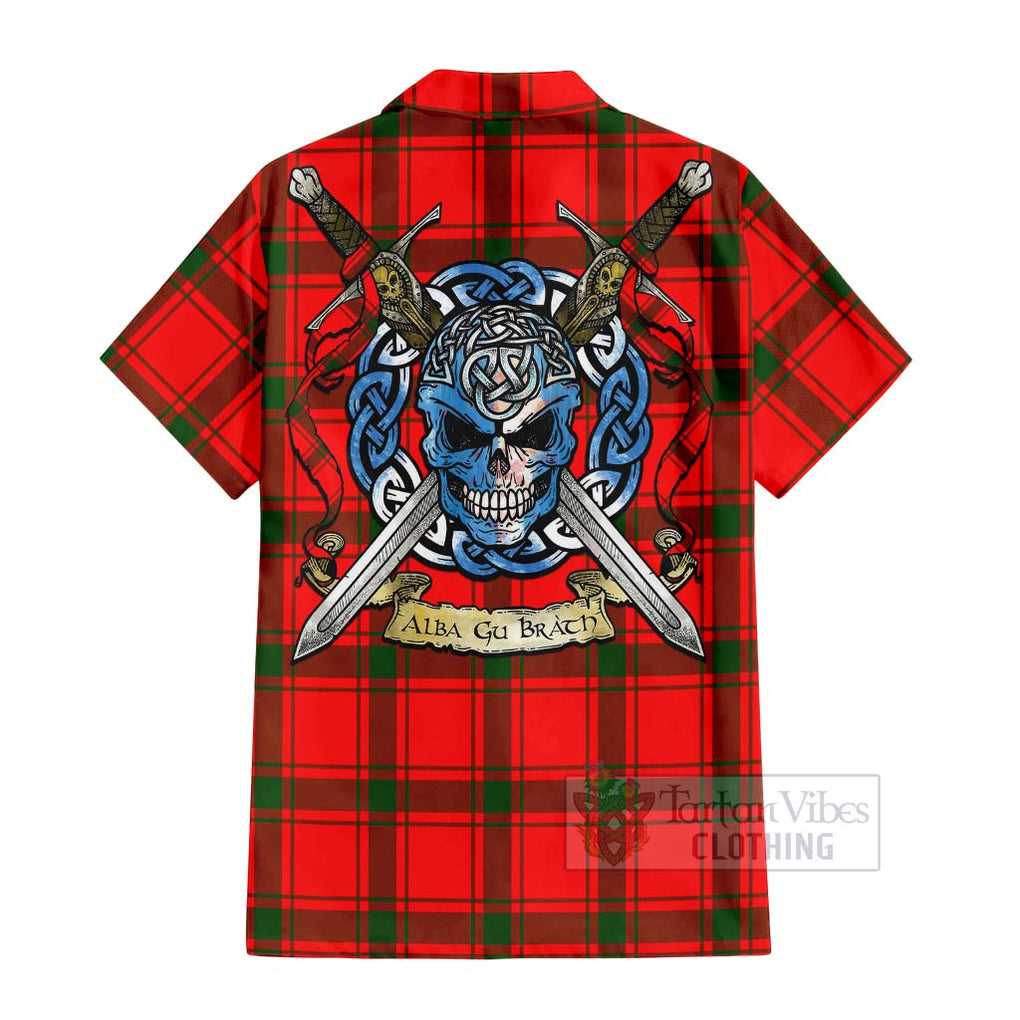 Tartan Vibes Clothing Darroch Tartan Short Sleeve Button Shirt with Family Crest Celtic Skull Style