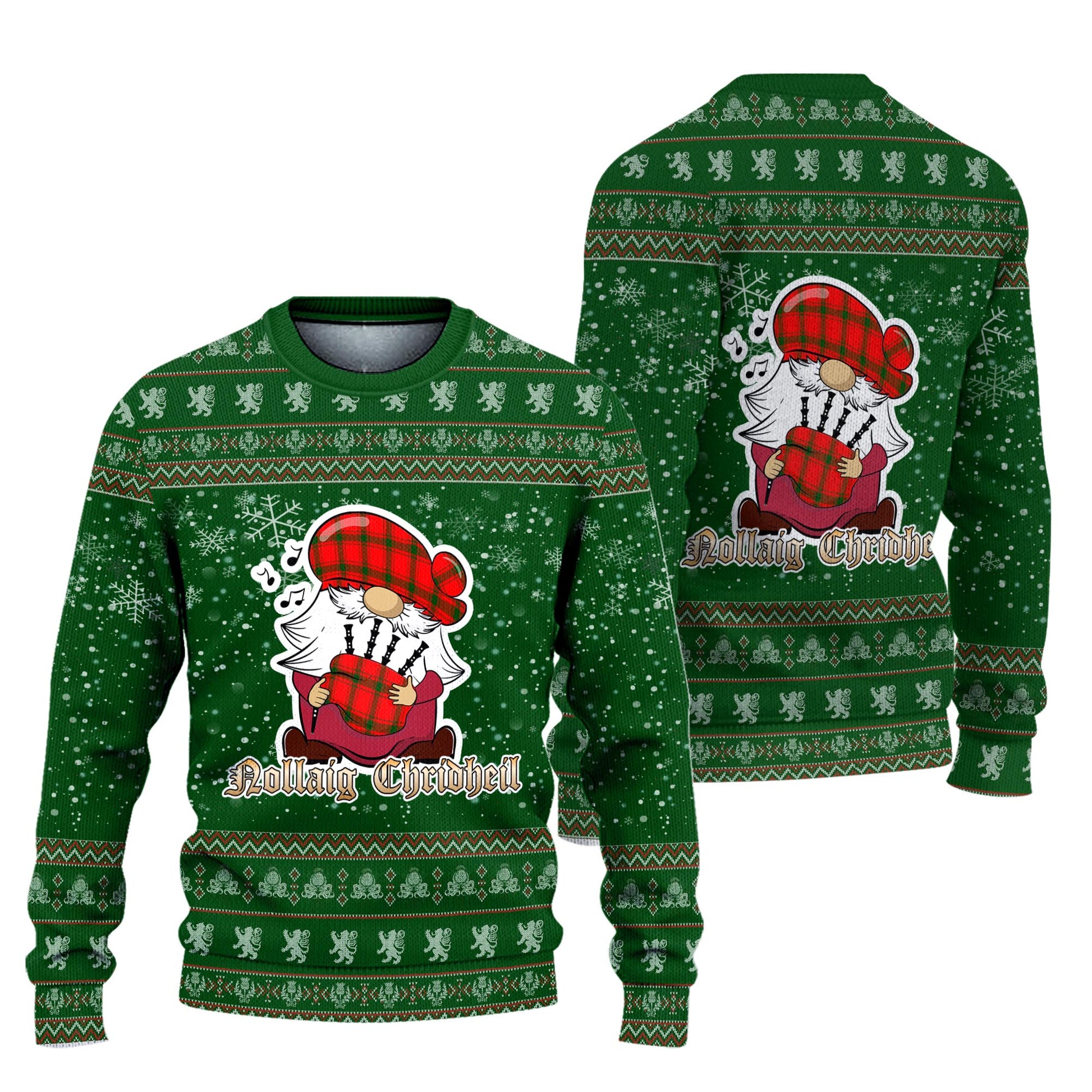 Darroch Clan Christmas Family Knitted Sweater with Funny Gnome Playing Bagpipes Unisex Green - Tartanvibesclothing