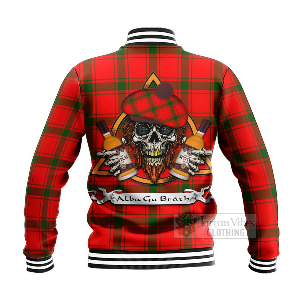 Tartan Vibes Clothing Darroch Tartan Baseball Jacket with Family Crest and Bearded Skull Holding Bottles of Whiskey