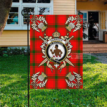 Darroch Tartan Flag with Family Crest and Golden Thistle Crossed Sword Design