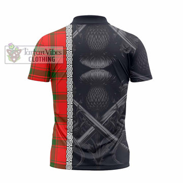 Darroch Tartan Zipper Polo Shirt with Family Crest Cross Sword Thistle Celtic Vibes