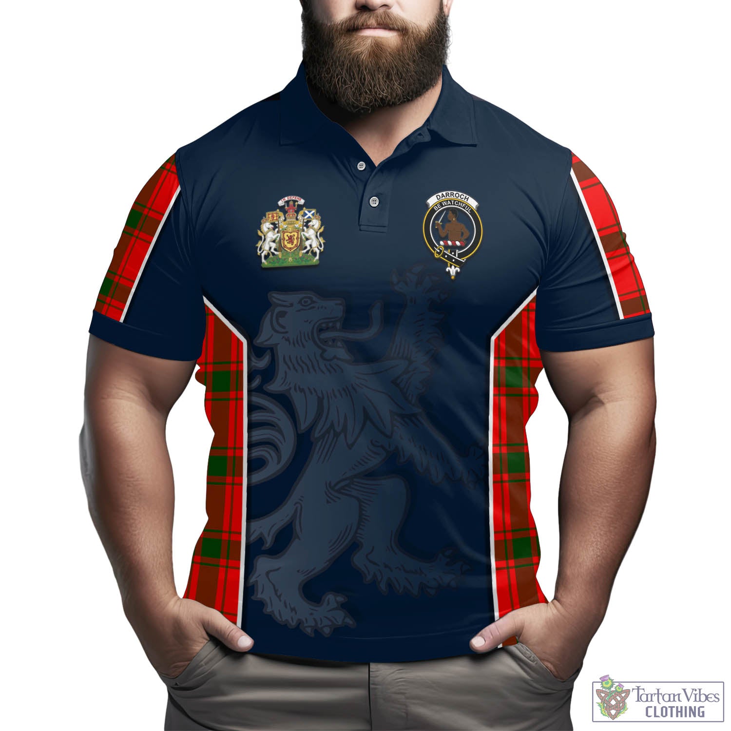 Tartan Vibes Clothing Darroch Tartan Men's Polo Shirt with Family Crest and Lion Rampant Vibes Sport Style