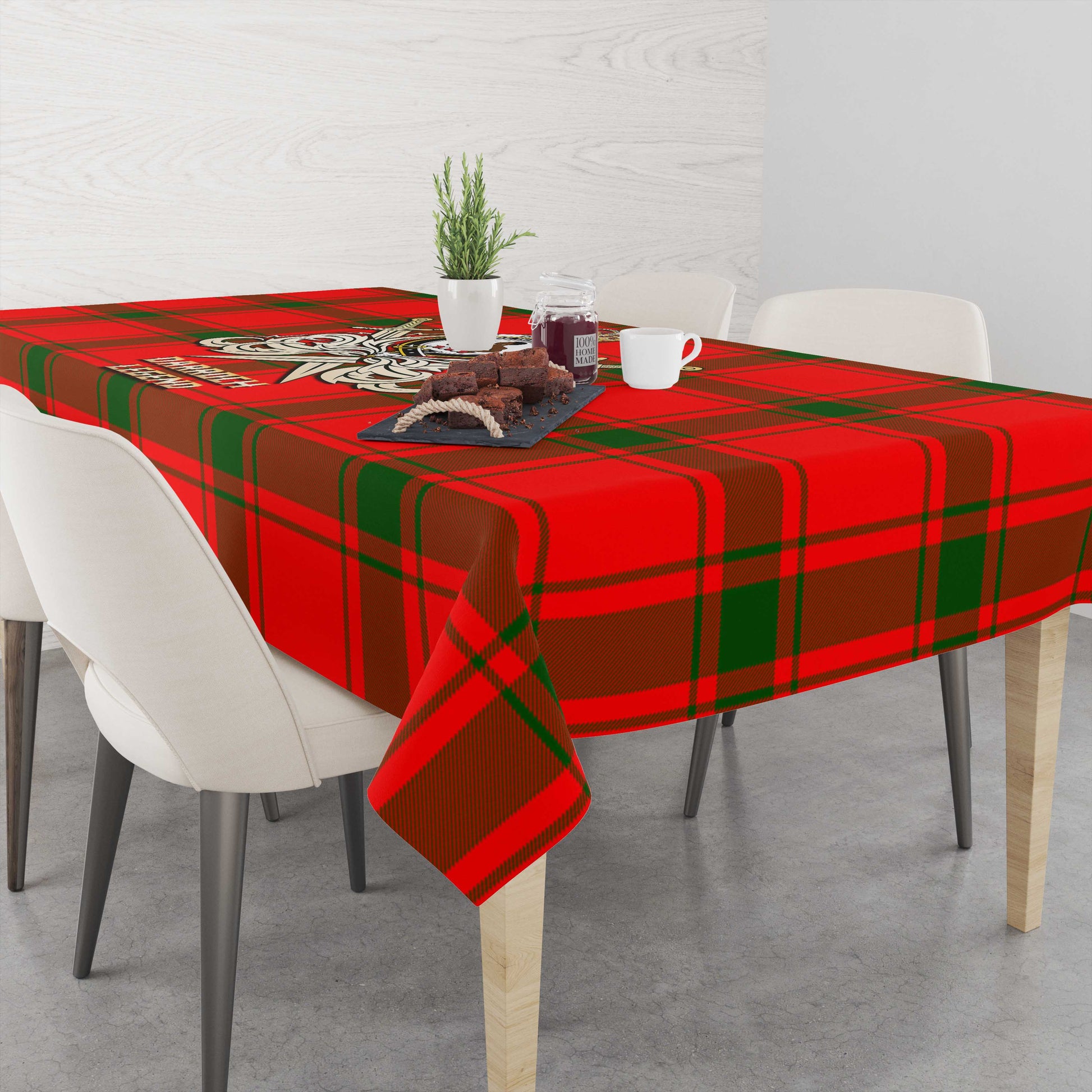 Tartan Vibes Clothing Darroch Tartan Tablecloth with Clan Crest and the Golden Sword of Courageous Legacy