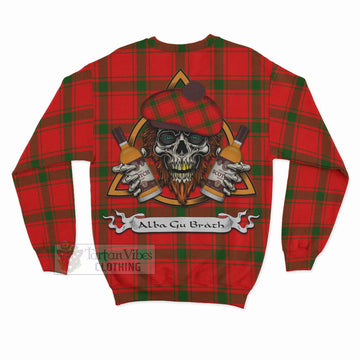 Darroch Tartan Sweatshirt with Family Crest and Bearded Skull Holding Bottles of Whiskey