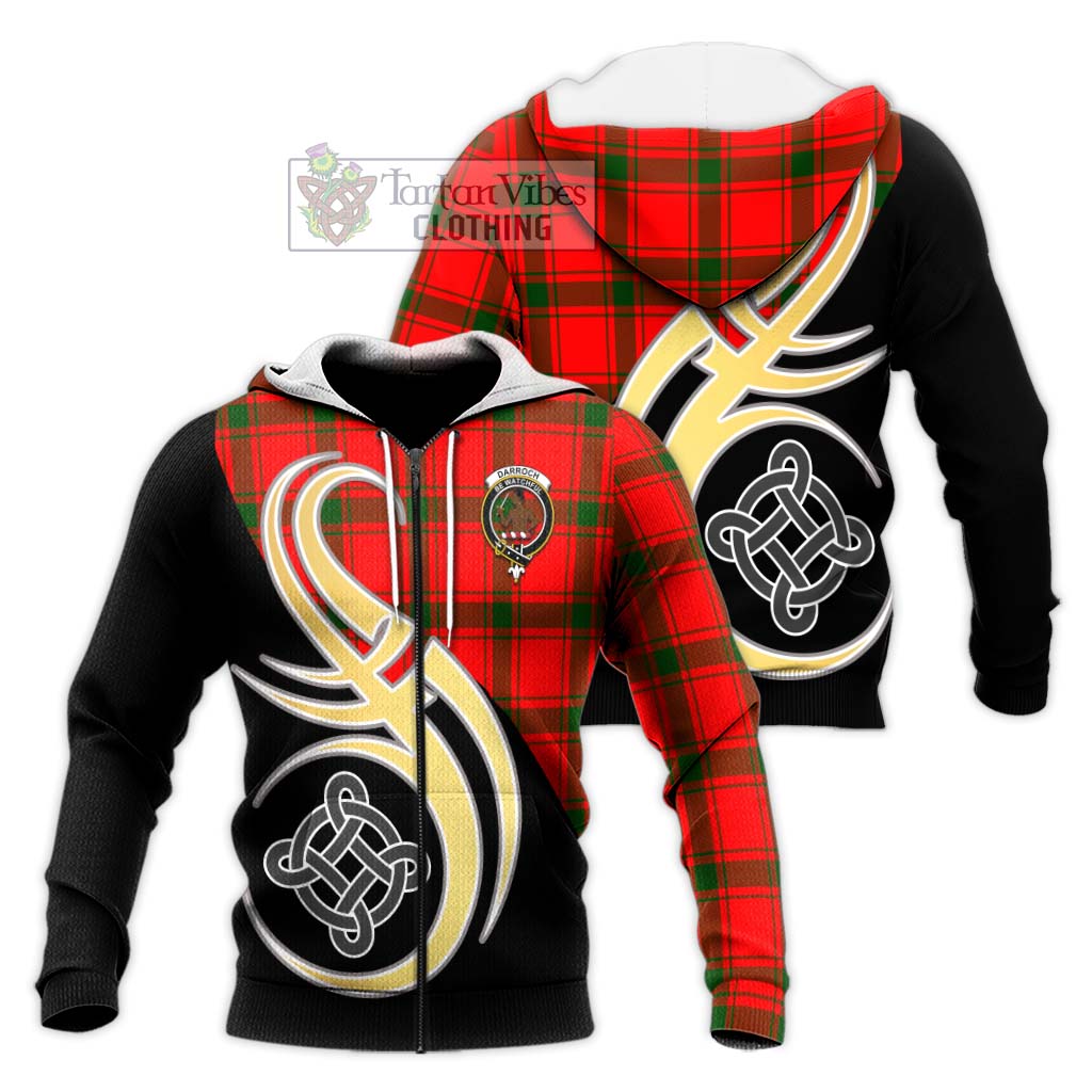Tartan Vibes Clothing Darroch Tartan Knitted Hoodie with Family Crest and Celtic Symbol Style