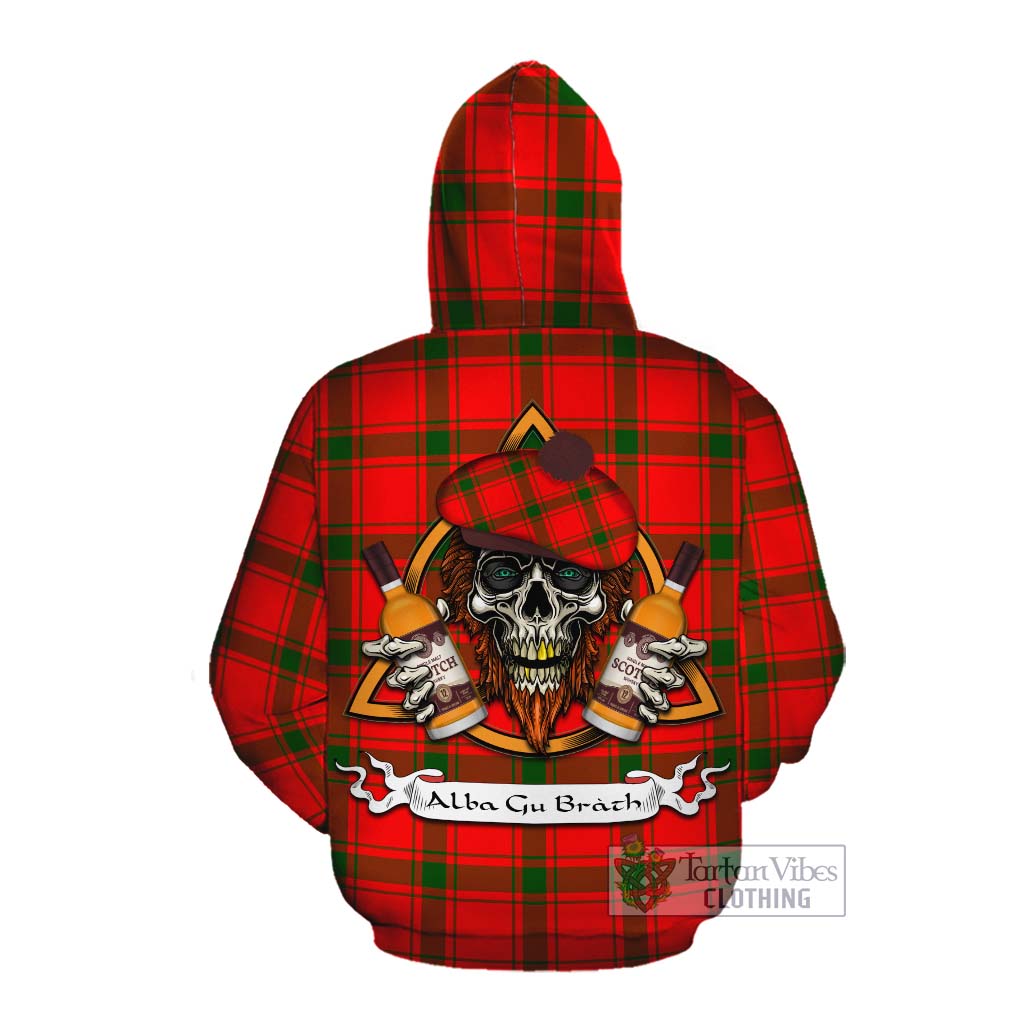 Tartan Vibes Clothing Darroch Tartan Cotton Hoodie with Family Crest and Bearded Skull Holding Bottles of Whiskey