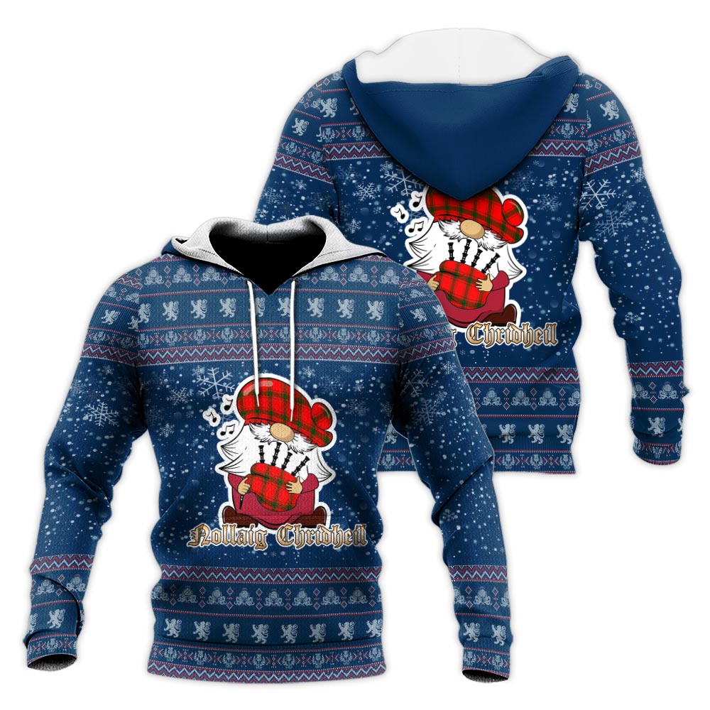 Darroch Clan Christmas Knitted Hoodie with Funny Gnome Playing Bagpipes Blue - Tartanvibesclothing