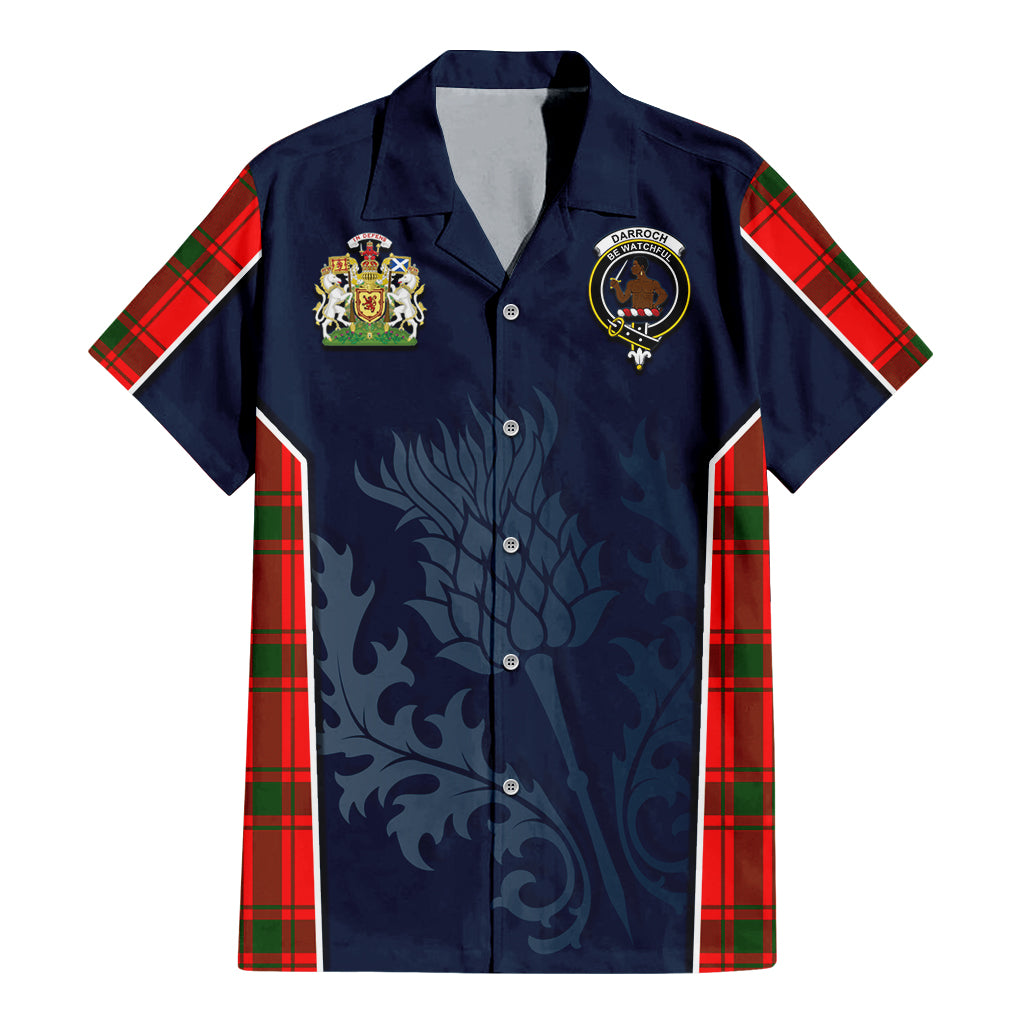 Tartan Vibes Clothing Darroch Tartan Short Sleeve Button Up Shirt with Family Crest and Scottish Thistle Vibes Sport Style