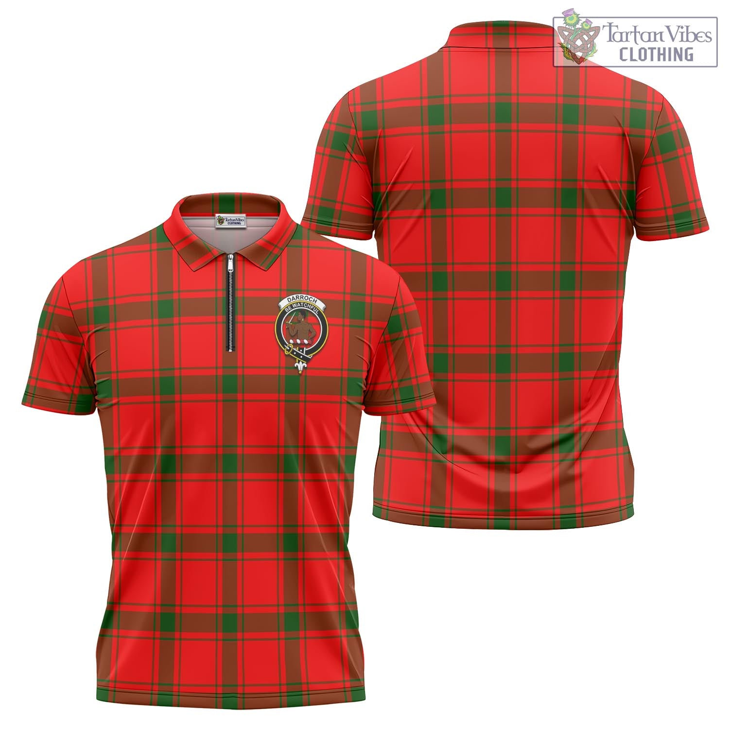 Tartan Vibes Clothing Darroch Tartan Zipper Polo Shirt with Family Crest