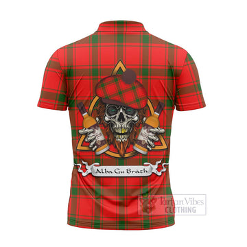 Darroch Tartan Zipper Polo Shirt with Family Crest and Bearded Skull Holding Bottles of Whiskey